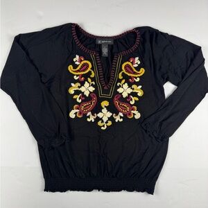 Black long sleeve Boho Top with Pink & Yellow Embroidery size small p